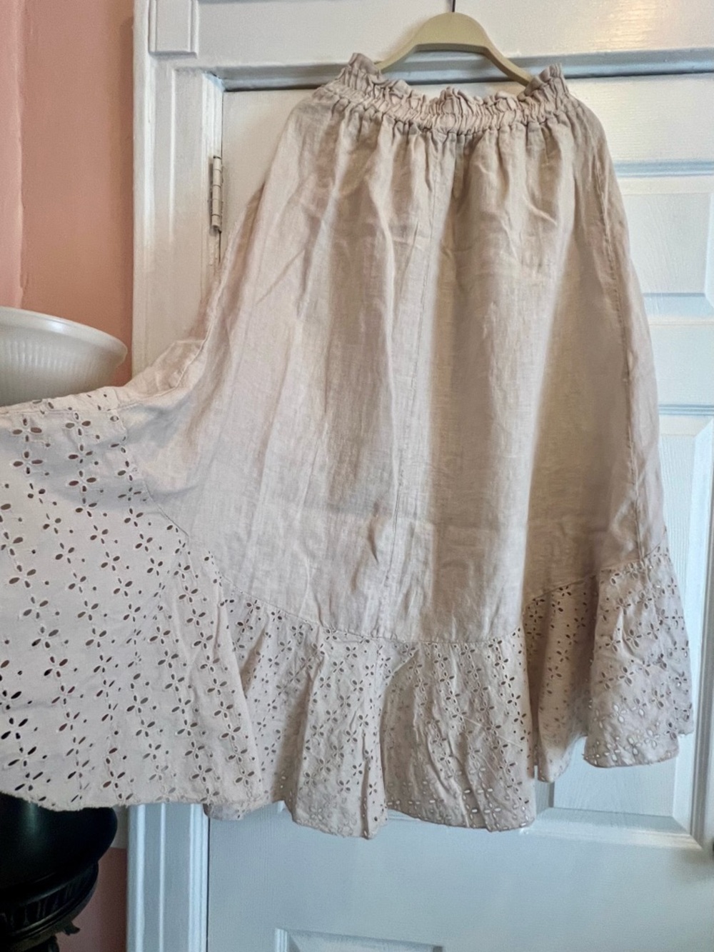 Linen Eyelet Ruffle Midi Skirt in Light Beige